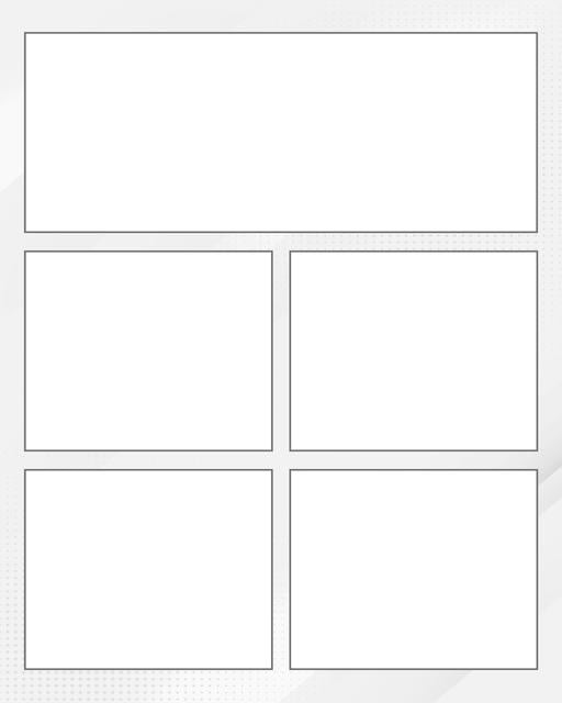 Comic strip template printables in PDF format for manga, newspaper or other styles. Panel 3 panel, 4 panel, 5 panel and more layouts in various styles, including with speech bubbles. Background Dots 5 Panel
