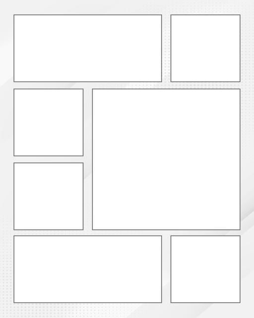 Comic strip template printables in PDF format for manga, newspaper or other styles. Panel 3 panel, 4 panel, 5 panel and more layouts in various styles, including with speech bubbles. Background Dots 7 Panel