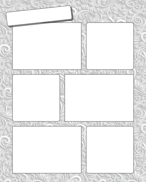 Comic strip template printables in PDF format for manga, newspaper or other styles. Panel 3 panel, 4 panel, 5 panel and more layouts in various styles, including with speech bubbles. Background Ornate 6 Panel