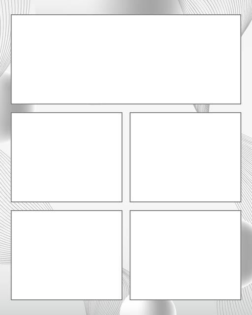 Comic strip template printables in PDF format for manga, newspaper or other styles. Panel 3 panel, 4 panel, 5 panel and more layouts in various styles, including with speech bubbles. Background Swirl 5 Panel