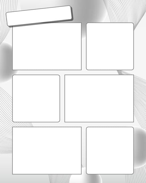 Comic strip template printables in PDF format for manga, newspaper or other styles. Panel 3 panel, 4 panel, 5 panel and more layouts in various styles, including with speech bubbles. Background Swirl 6 Panel