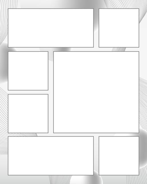 Comic strip template printables in PDF format for manga, newspaper or other styles. Panel 3 panel, 4 panel, 5 panel and more layouts in various styles, including with speech bubbles. Background Swirl 7 Panel