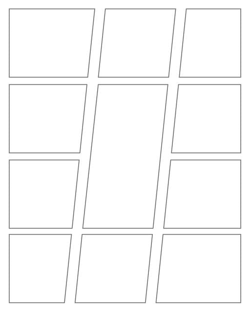 Comic strip template printables in PDF format for manga, newspaper or other styles. Panel 3 panel, 4 panel, 5 panel and more layouts in various styles, including with speech bubbles. Geometric Panels 11 Panels