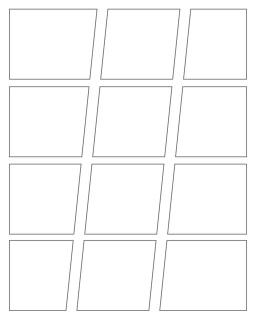 Comic strip template printables in PDF format for manga, newspaper or other styles. Panel 3 panel, 4 panel, 5 panel and more layouts in various styles, including with speech bubbles. Geometric Panels 12 Panels