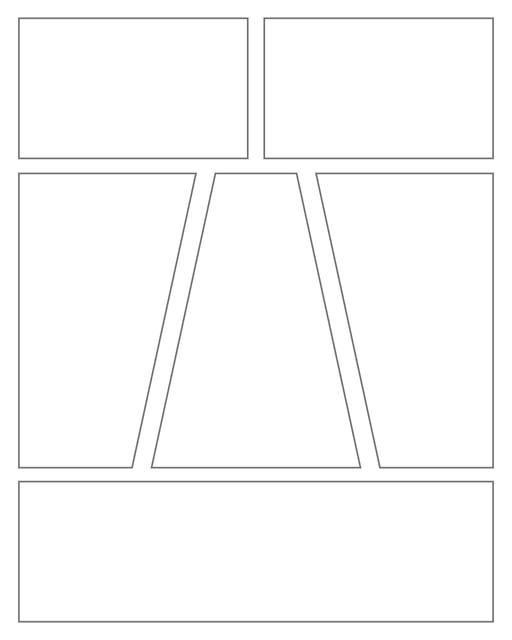 Comic strip template printables in PDF format for manga, newspaper or other styles. Panel 3 panel, 4 panel, 5 panel and more layouts in various styles, including with speech bubbles. Geometric Panels 6 Panels