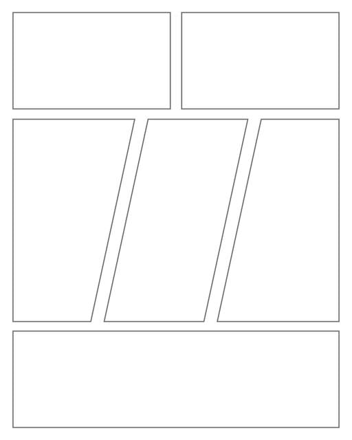 Comic strip template printables in PDF format for manga, newspaper or other styles. Panel 3 panel, 4 panel, 5 panel and more layouts in various styles, including with speech bubbles. Geometric Panels 6 Panels V2