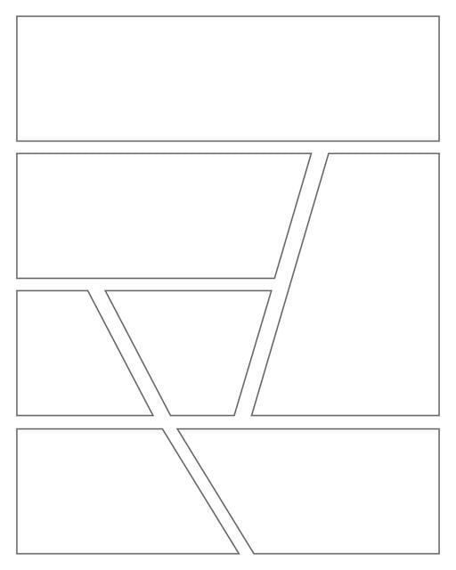 Comic strip template printables in PDF format for manga, newspaper or other styles. Panel 3 panel, 4 panel, 5 panel and more layouts in various styles, including with speech bubbles. Geometric Panels 7 Panels V2