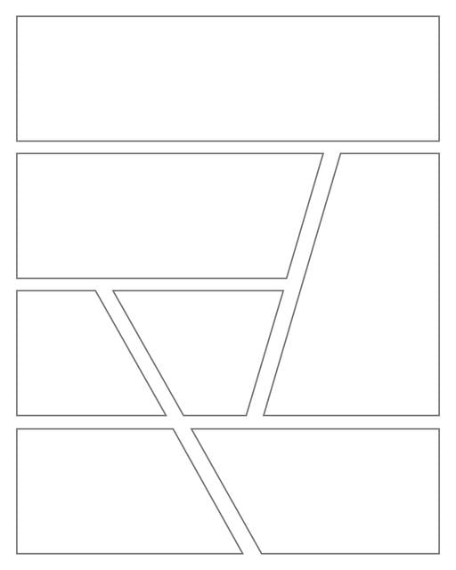 Comic strip template printables in PDF format for manga, newspaper or other styles. Panel 3 panel, 4 panel, 5 panel and more layouts in various styles, including with speech bubbles. Geometric Panels 7 Panels V3