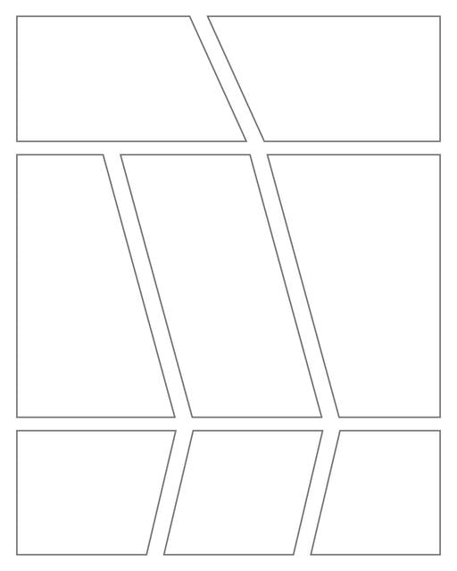 Comic strip template printables in PDF format for manga, newspaper or other styles. Panel 3 panel, 4 panel, 5 panel and more layouts in various styles, including with speech bubbles. Geometric Panels 8 Panels