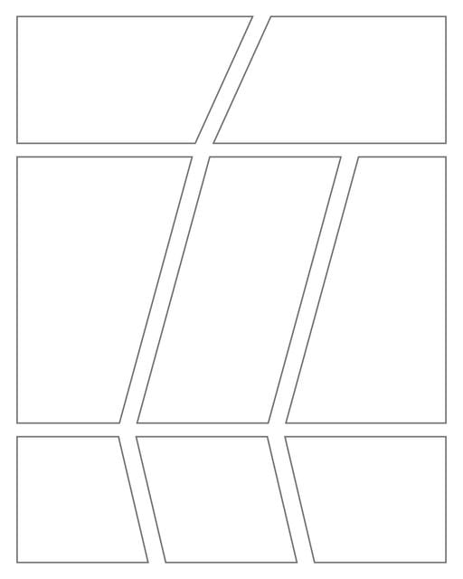 Comic strip template printables in PDF format for manga, newspaper or other styles. Panel 3 panel, 4 panel, 5 panel and more layouts in various styles, including with speech bubbles. Geometric Panels 8 Panels V2