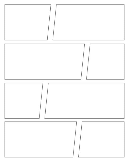 Comic strip template printables in PDF format for manga, newspaper or other styles. Panel 3 panel, 4 panel, 5 panel and more layouts in various styles, including with speech bubbles. Geometric Panels 8 Panels V3