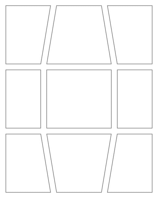 Comic strip template printables in PDF format for manga, newspaper or other styles. Panel 3 panel, 4 panel, 5 panel and more layouts in various styles, including with speech bubbles. Geometric Panels 9 Panels V2