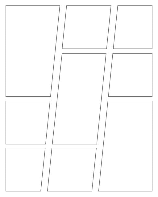 Comic strip template printables in PDF format for manga, newspaper or other styles. Panel 3 panel, 4 panel, 5 panel and more layouts in various styles, including with speech bubbles. Geometric Panels 9 Panels V3