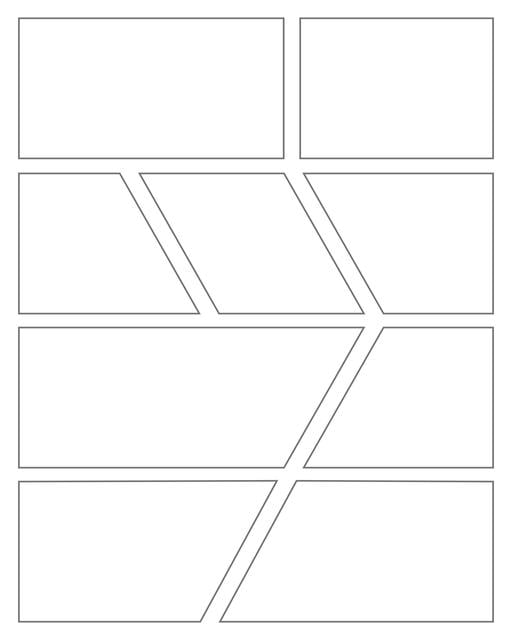 Comic strip template printables in PDF format for manga, newspaper or other styles. Panel 3 panel, 4 panel, 5 panel and more layouts in various styles, including with speech bubbles. Geometric Panels 9 Panels V4