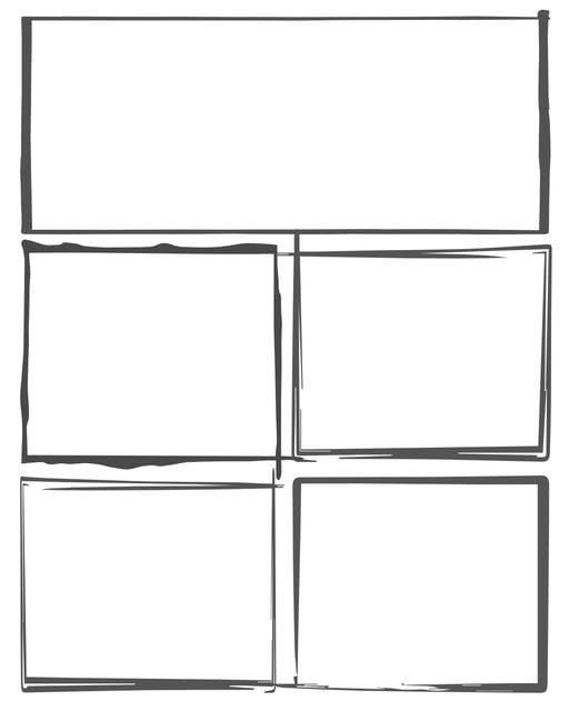 Comic strip template printables in PDF format for manga, newspaper or other styles. Panel 3 panel, 4 panel, 5 panel and more layouts in various styles, including with speech bubbles. Hand Drawn 5 Panel V2