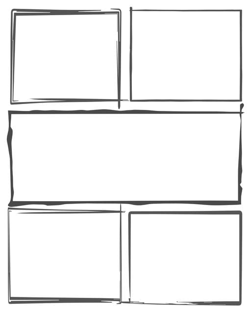 Comic strip template printables in PDF format for manga, newspaper or other styles. Panel 3 panel, 4 panel, 5 panel and more layouts in various styles, including with speech bubbles. Hand Drawn 5 Panel V4