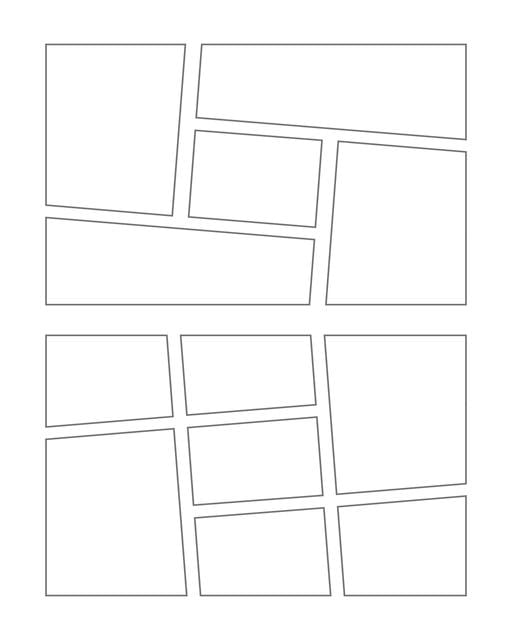 Comic strip template printables in PDF format for manga, newspaper or other styles. Panel 3 panel, 4 panel, 5 panel and more layouts in various styles, including with speech bubbles. Manga Panels Geometric 1