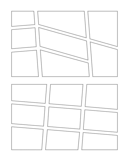 Comic strip template printables in PDF format for manga, newspaper or other styles. Panel 3 panel, 4 panel, 5 panel and more layouts in various styles, including with speech bubbles. Manga Panels Geometric 2