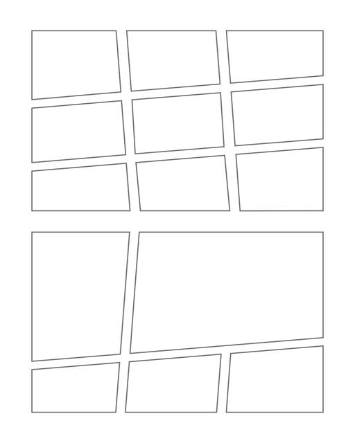 Comic strip template printables in PDF format for manga, newspaper or other styles. Panel 3 panel, 4 panel, 5 panel and more layouts in various styles, including with speech bubbles. Manga Panels Geometric 3