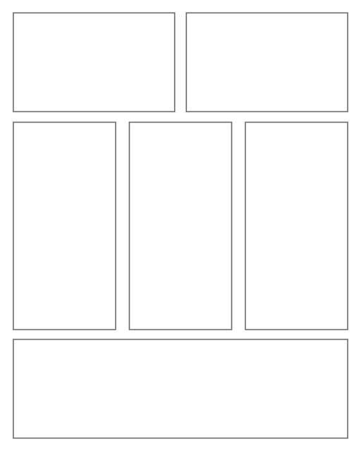 Comic strip template printables in PDF format for manga, newspaper or other styles. Panel 3 panel, 4 panel, 5 panel and more layouts in various styles, including with speech bubbles. Rectangle Panels 6 Panel