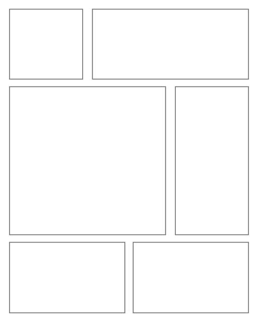 Comic strip template printables in PDF format for manga, newspaper or other styles. Panel 3 panel, 4 panel, 5 panel and more layouts in various styles, including with speech bubbles. Rectangle Panels 6 Panel V2