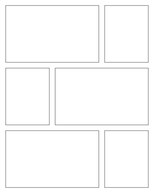 Comic strip template printables in PDF format for manga, newspaper or other styles. Panel 3 panel, 4 panel, 5 panel and more layouts in various styles, including with speech bubbles. Rectangle Panels 6 Panel V3