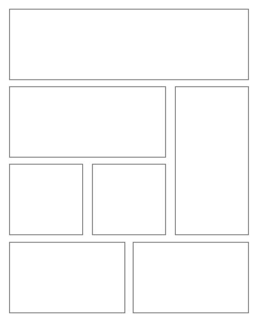 Comic strip template printables in PDF format for manga, newspaper or other styles. Panel 3 panel, 4 panel, 5 panel and more layouts in various styles, including with speech bubbles. Rectangle Panels 7 Pane V2