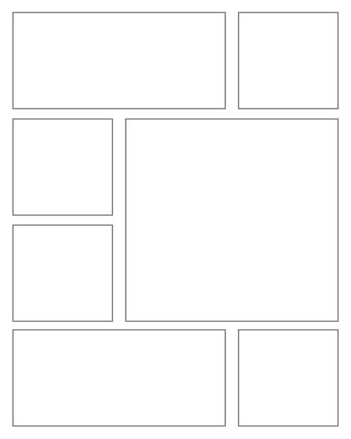 Comic strip template printables in PDF format for manga, newspaper or other styles. Panel 3 panel, 4 panel, 5 panel and more layouts in various styles, including with speech bubbles. Rectangle Panels 7 Pane V3