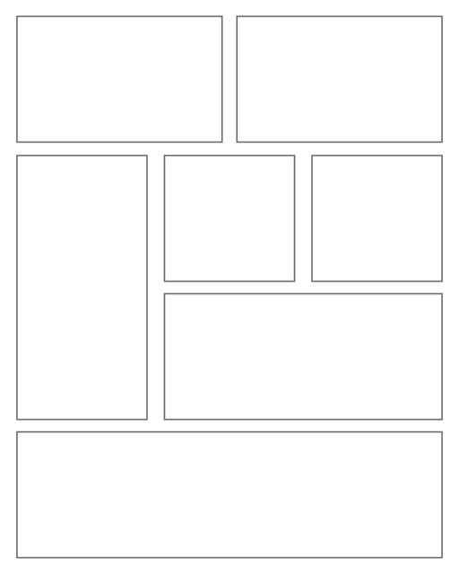 Comic strip template printables in PDF format for manga, newspaper or other styles. Panel 3 panel, 4 panel, 5 panel and more layouts in various styles, including with speech bubbles. Rectangle Panels 7 Panel