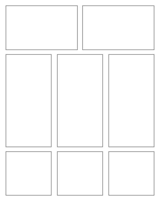 Comic strip template printables in PDF format for manga, newspaper or other styles. Panel 3 panel, 4 panel, 5 panel and more layouts in various styles, including with speech bubbles. Rectangle Panels 8 Panel