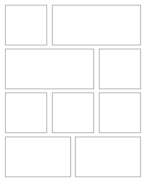 Comic strip template printables in PDF format for manga, newspaper or other styles. Panel 3 panel, 4 panel, 5 panel and more layouts in various styles, including with speech bubbles. Rectangle Panels 9 Panel V2