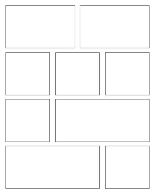 Comic strip template printables in PDF format for manga, newspaper or other styles. Panel 3 panel, 4 panel, 5 panel and more layouts in various styles, including with speech bubbles. Rectangle Panels 9 Panel V3