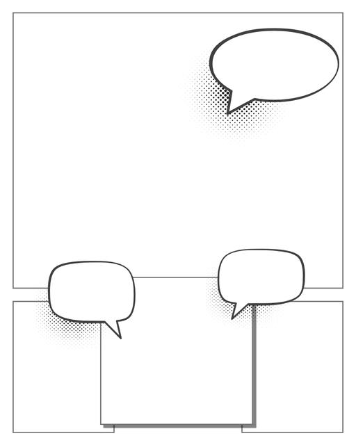 Comic strip template printables in PDF format for manga, newspaper or other styles. Panel 3 panel, 4 panel, 5 panel and more layouts in various styles, including with speech bubbles. Speech Bubbles 4 Panel