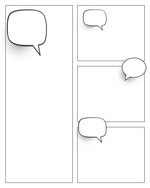 Comic strip template printables in PDF format for manga, newspaper or other styles. Panel 3 panel, 4 panel, 5 panel and more layouts in various styles, including with speech bubbles. Speech Bubbles 4 Panel V2