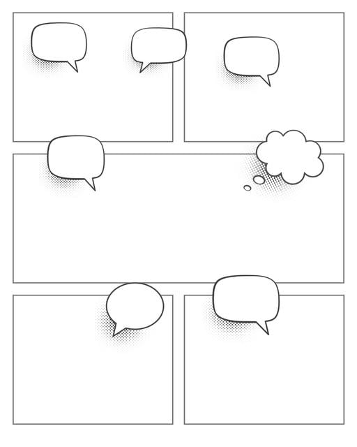 Comic strip template printables in PDF format for manga, newspaper or other styles. Panel 3 panel, 4 panel, 5 panel and more layouts in various styles, including with speech bubbles. Speech Bubbles 5 Panel