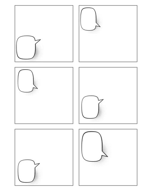 Comic strip template printables in PDF format for manga, newspaper or other styles. Panel 3 panel, 4 panel, 5 panel and more layouts in various styles, including with speech bubbles. Speech Bubbles 6 Panel Hortizontal