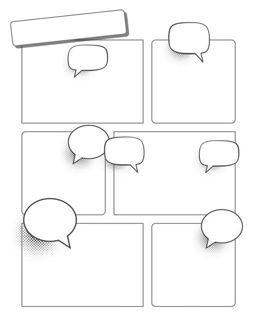 Comic strip template printables in PDF format for manga, newspaper or other styles. Panel 3 panel, 4 panel, 5 panel and more layouts in various styles, including with speech bubbles. Speech Bubbles 6 Panel