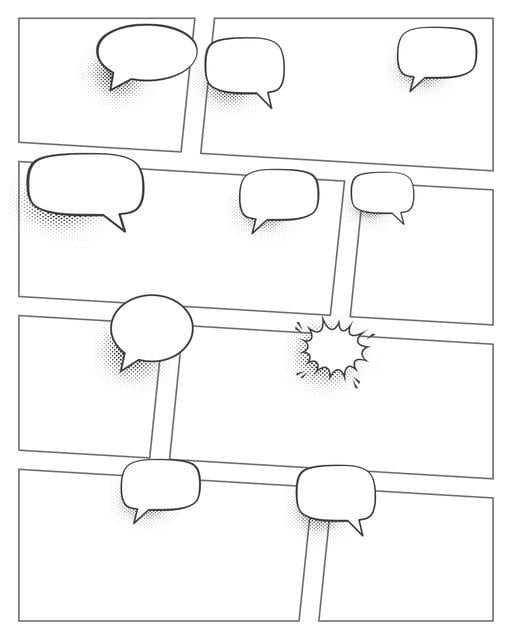 Comic strip template printables in PDF format for manga, newspaper or other styles. Panel 3 panel, 4 panel, 5 panel and more layouts in various styles, including with speech bubbles. Speech Bubbles 8 Panel