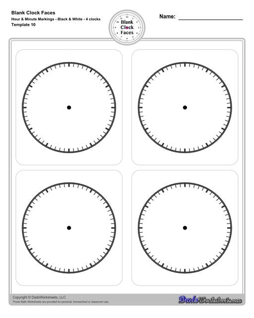 Use these blank clock face templates for practice telling time and drawing analog clocks. The clock faces are presented in PDF files in color and black and white, including versions with labelled minutes, or completely blank faces where students label hours.  Blank Clock Face Template With Hour And Minute Markings Black And White 4 Clocks