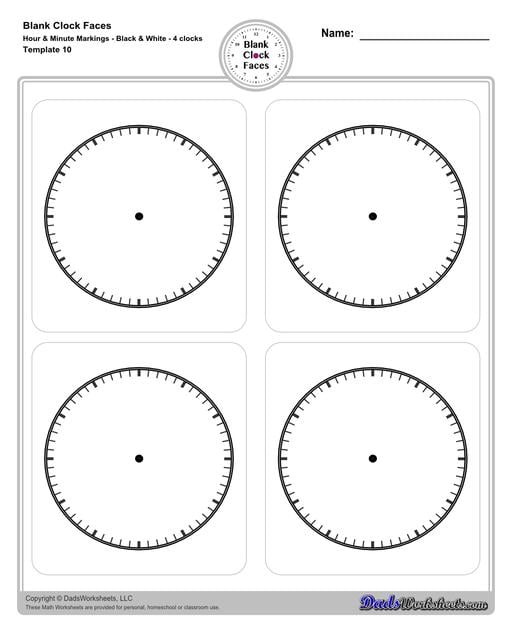 Use these blank clock face templates for practice telling time and drawing analog clocks. The clock faces are presented in PDF files in color and black and white, including versions with labelled minutes, or completely blank faces where students label hours.  Blank Clock Face Template With Hour And Minute Markings Black And White 4 Clocks