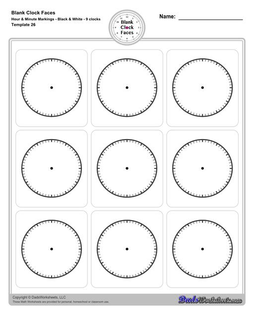 Use these blank clock face templates for practice telling time and drawing analog clocks. The clock faces are presented in PDF files in color and black and white, including versions with labelled minutes, or completely blank faces where students label hours.  Blank Clock Face Template With Hour And Minute Markings Black And White 9 Clocks