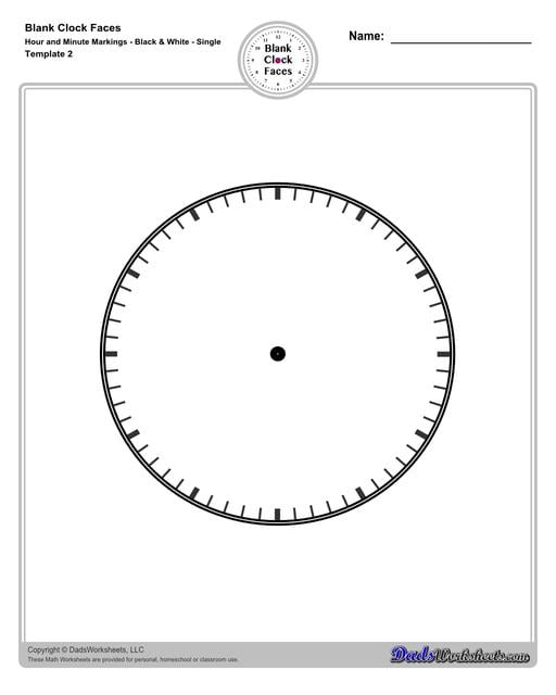 Use these blank clock face templates for practice telling time and drawing analog clocks. The clock faces are presented in PDF files in color and black and white, including versions with labelled minutes, or completely blank faces where students label hours.  Blank Clock Face Template With Hour And Minute Markings Black And White Single