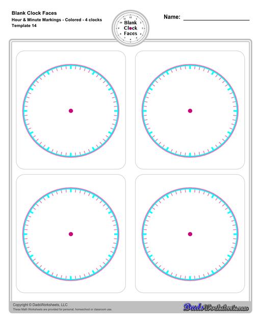 Use these blank clock face templates for practice telling time and drawing analog clocks. The clock faces are presented in PDF files in color and black and white, including versions with labelled minutes, or completely blank faces where students label hours.  Blank Clock Face Template With Hour And Minute Markings Colored 4 Clocks