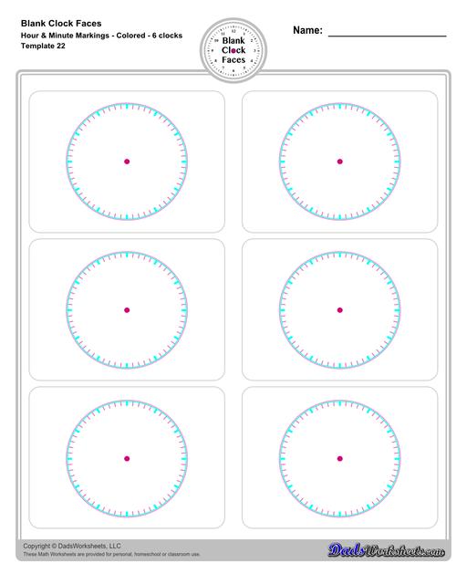 Use these blank clock face templates for practice telling time and drawing analog clocks. The clock faces are presented in PDF files in color and black and white, including versions with labelled minutes, or completely blank faces where students label hours.  Blank Clock Face Template With Hour And Minute Markings Colored 6 Clocks