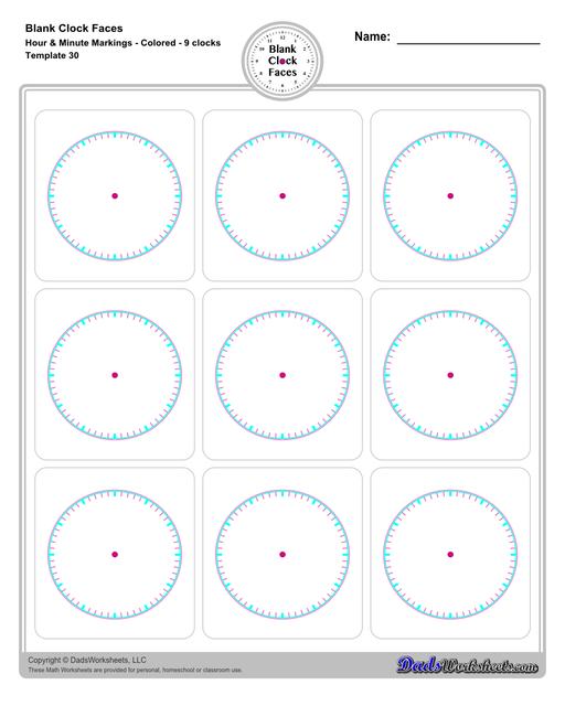 Use these blank clock face templates for practice telling time and drawing analog clocks. The clock faces are presented in PDF files in color and black and white, including versions with labelled minutes, or completely blank faces where students label hours.  Blank Clock Face Template With Hour And Minute Markings Colored 9 Clocks