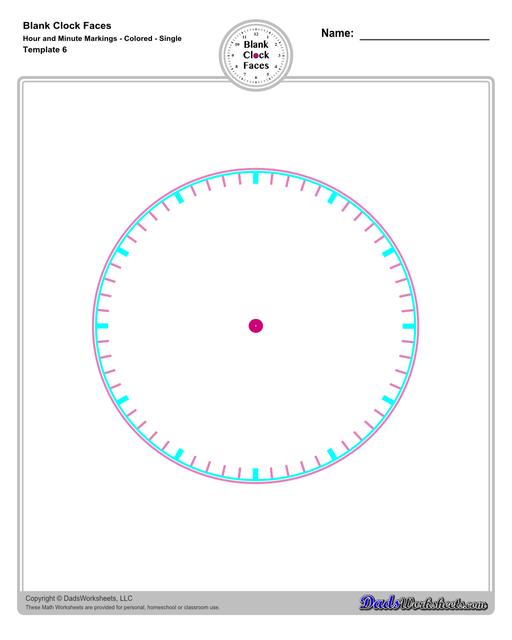 Use these blank clock face templates for practice telling time and drawing analog clocks. The clock faces are presented in PDF files in color and black and white, including versions with labelled minutes, or completely blank faces where students label hours.  Blank Clock Face Template With Hour And Minute Markings Colored Single