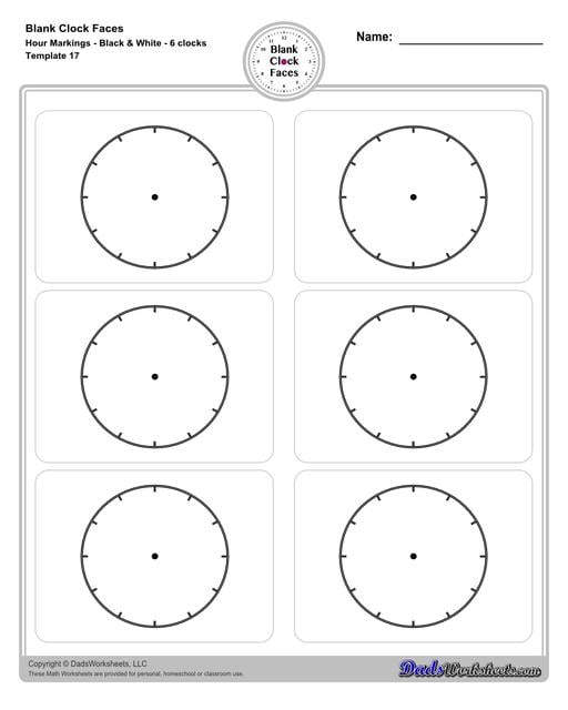 Use these blank clock face templates for practice telling time and drawing analog clocks. The clock faces are presented in PDF files in color and black and white, including versions with labelled minutes, or completely blank faces where students label hours.  Blank Clock Face Template With Hour Markings Black And White 6 Clocks