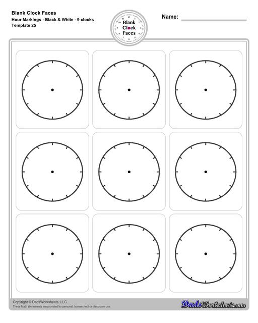 Use these blank clock face templates for practice telling time and drawing analog clocks. The clock faces are presented in PDF files in color and black and white, including versions with labelled minutes, or completely blank faces where students label hours.  Blank Clock Face Template With Hour Markings Black And White 9 Clocks