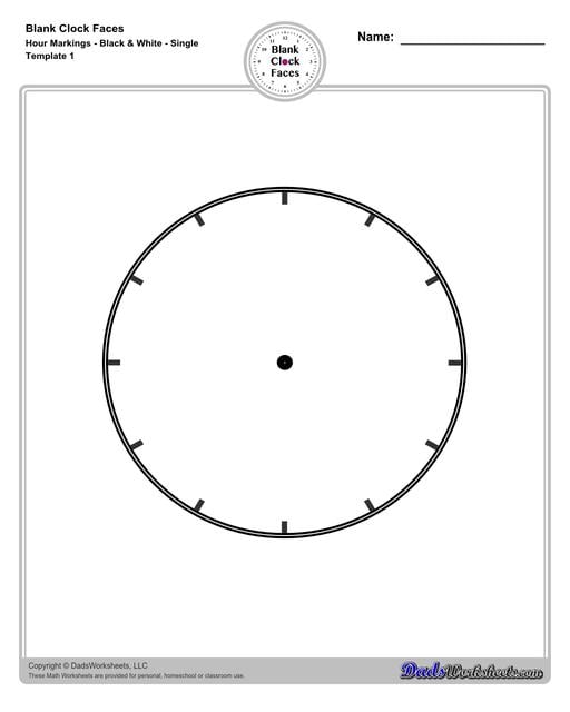 Use these blank clock face templates for practice telling time and drawing analog clocks. The clock faces are presented in PDF files in color and black and white, including versions with labelled minutes, or completely blank faces where students label hours.  Blank Clock Face Template With Hour Markings Black And White Single
