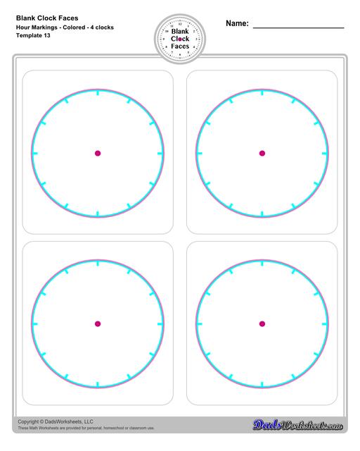 Use these blank clock face templates for practice telling time and drawing analog clocks. The clock faces are presented in PDF files in color and black and white, including versions with labelled minutes, or completely blank faces where students label hours.  Blank Clock Face Template With Hour Markings Colored 4 Clocks